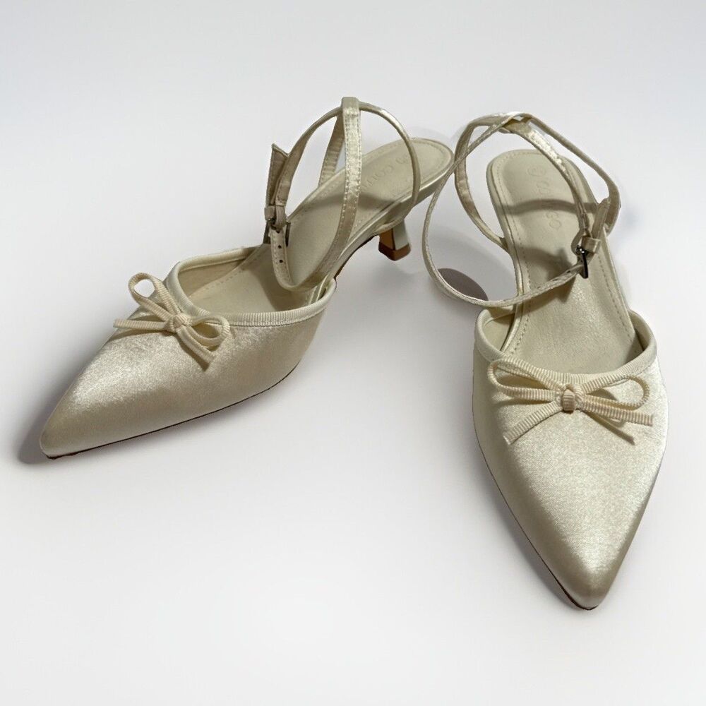 Coutgo Satin Shoes Womens 6.5 Ivory 2” Heels Ankle Straps Bridal Pointed Toe